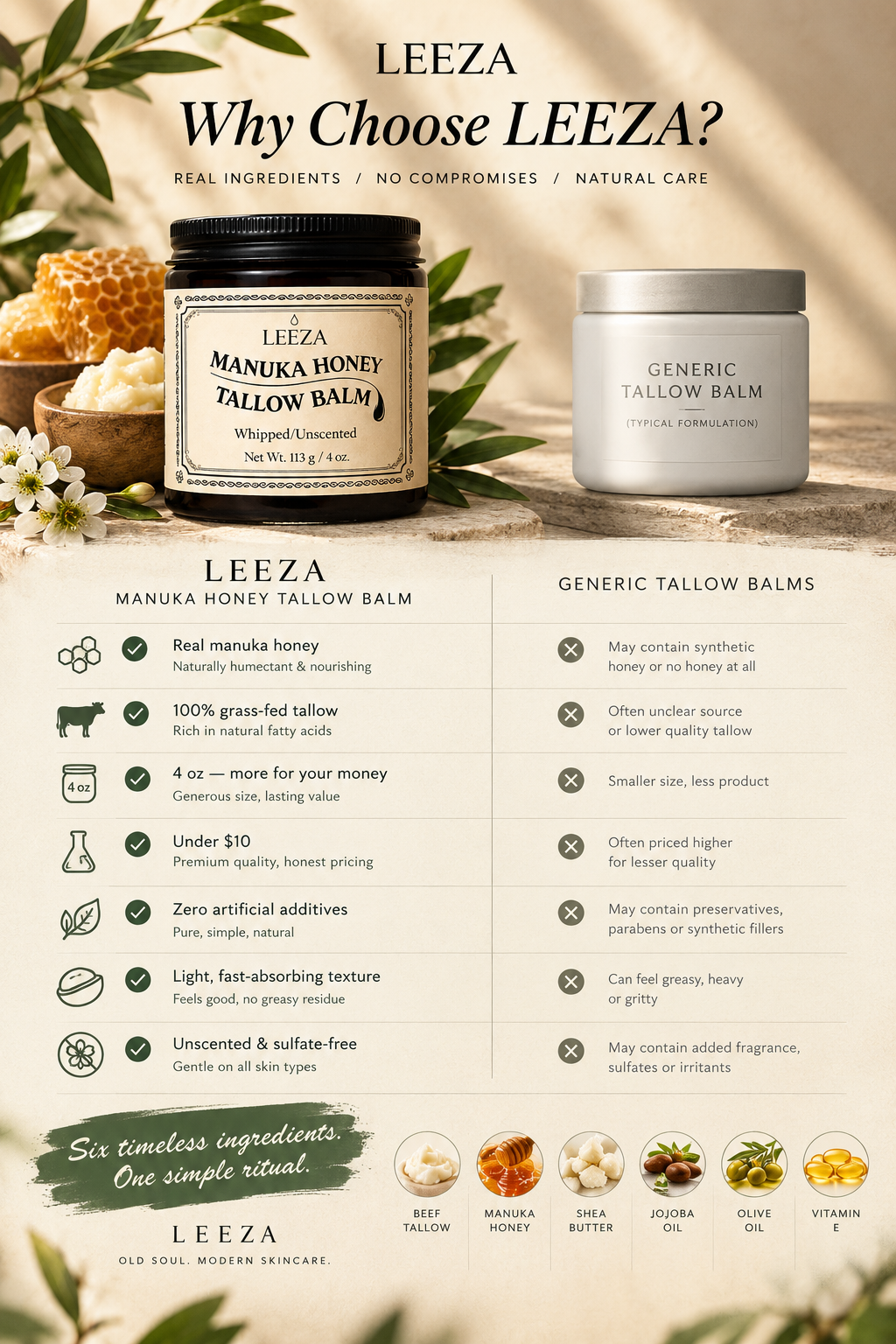 leeza manuka honey tallow balm vs other balms